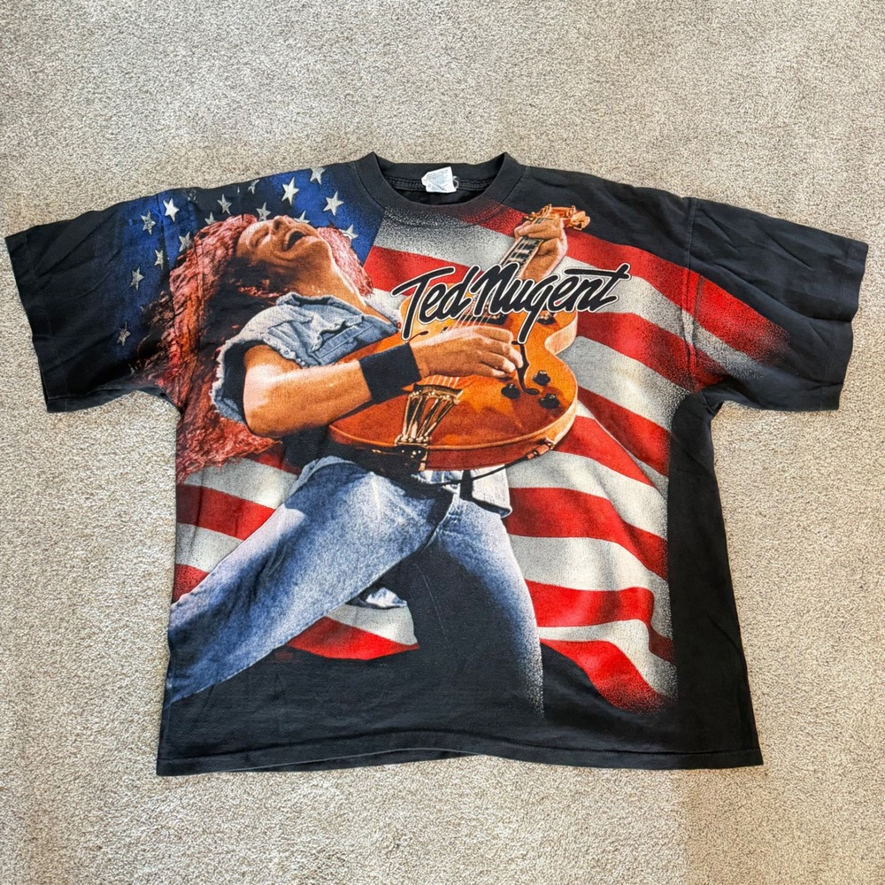 Vintage Ted Nugent Shirt XL All Over Print One Nation Under Ted Winterland USA